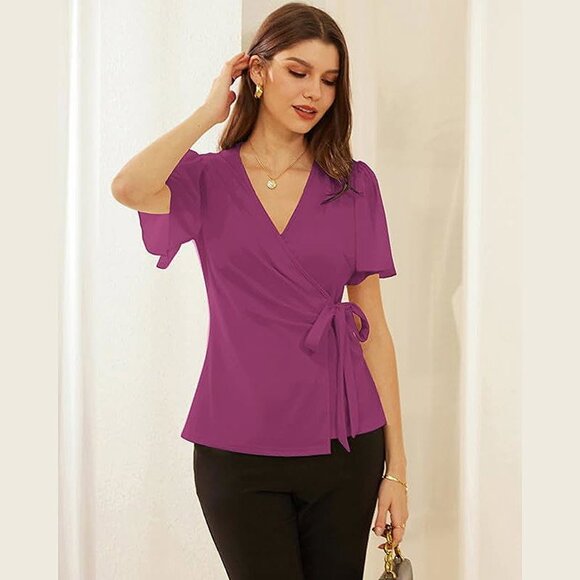 2025 Womens Summer Tops Dressy Business Casual Chiffon Short Sleeve - Picture 5 of 7